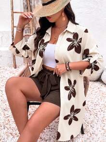 EMERY ROSE Summer Brown Apricot Print Vacation Style Beach Seaside Outfit Comfortable Top Shirt + Shorts Plus Size 2 Pieces Set Fall - Coffee Brown - View 5