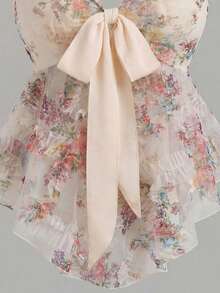 EMERY ROSE 女士优雅花卉网纱印花修身吊带背心，胸前系带设计，百搭时尚，适合优雅场合、通勤和休闲穿着，也适合波西米亚音乐节、度假和夏季海滩等场合。 - 杏色 - 查看 7
