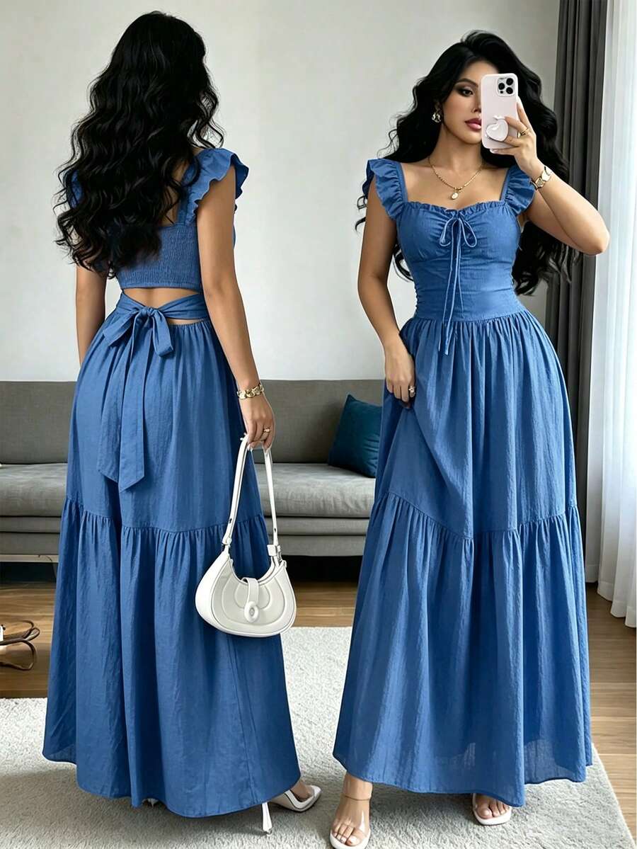 SHEIN Raffinéa 女款夏季休閒純色綁帶鏤空洋裝 - 中等水洗藍 - 查看 1