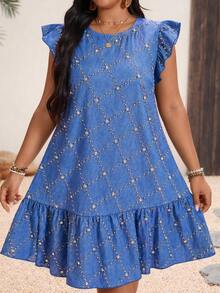 SHEIN Holidaya Plus Size Women's Rhinestone Design Round Neck Short Flutter Sleeve Ruffle Hem Casual Dress - Blue - View 7