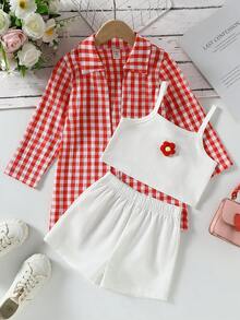 Young Girl Plaid Long Sleeve Single-Breasted Shirt, 3D Floral Decor Camisole And Shorts Casual Set - Red - View 9