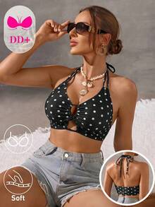 SHEIN Swim 女款波點印花露背掛脖式比基尼上衣 - 黑色 - 查看 5