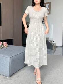 Dazy Tall 女款夏季短袖休閒波點蕾絲拼接洋裝 - 杏色 - 查看 2