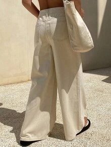 Livesso Tall Women's Solid Color Button Half-Placket Pocket Loose Straight Leg Vacation Style Jeans Summer - Beige - View 2