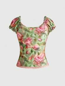 Sweetness Set 2 Potong Atasan dan Rok Motif Bunga Leher V Berkerah V untuk Gadis Manis di Awal Musim Gugur - MultiWarna - View 8