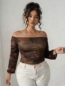 SHEIN Clasi Plus Size Women Tie-Dye Off-Shoulder Ruched Fashion T-Shirt Fall - Multicolor - View 5