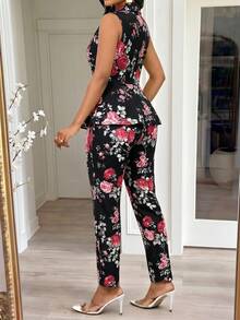 SHEIN Lady Plus Size Women's Floral Print Waist Metal Single Button Sleeveless Jacket And Pants Elegant Suit Set Formal Party Black And Gold Summer - Black - View 6