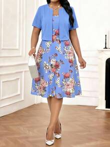 SHEIN Lady Ladies Summer Casual Elegant Royal Blue Sky Blue Sleeveless Midi Dress With Flower Pattern And Matching Bolero Wedding Wedding Guest Brunch - Blue - View 3