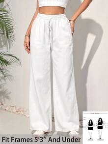 SHEIN PETITE CURVE 女款大尺碼腰部綁帶口袋寬腿寬鬆休閒牛仔褲 - 白色 - 查看 1