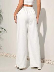 SHEIN PETITE CURVE 女款大尺碼腰部綁帶口袋寬腿寬鬆休閒牛仔褲 - 白色 - 查看 2