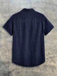 AXEPEAK Kemeja Denim Kasual Pria Lengan Pendek Kancing Tunggal dengan Saku - Biru - View 2