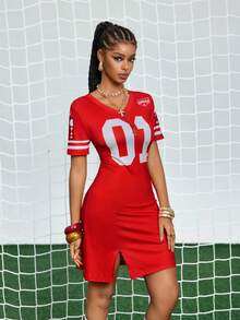 Gowayae Gowayae Women's V-Neck Short Sleeve Mini Split Dress - Red - View 4