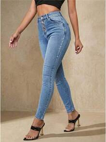 Selenza Button Fly Bleach Wash Skinny Jeans - Light Wash - View 8