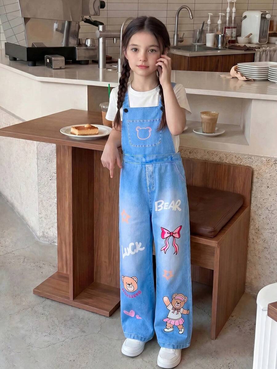 SHEIN Casuvi Kids Tween女孩時尚淺藍色印花星星圖案吊帶褲,休閒校園開學個性化秋季背帶褲整體裝 - 藍色 - 查看 1