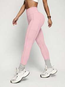 SHEIN Sports 女款純色高腰口袋內搭褲 - 粉色 - 查看 4