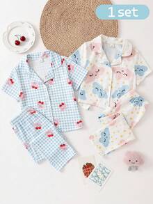 Sommer Herbst Mädchen Kleinkind Pyjama Set, weiches bequemes flammhemmendes Milchseidenstoff, modisches süßes Schleife Kirsch KaroMuster, blaue Revers Strickjacke Kurzarm lange Hose 2 Teile Loungewear - Blau - Übersicht 1
