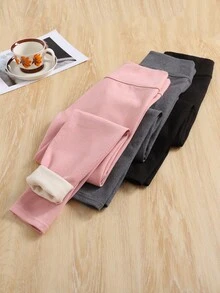 SHEIN Tween女孩針織高腰抓絨秋季內搭褲 - 彩色 - 查看 2