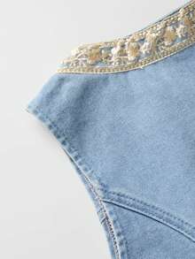 GlowEve Women's Embroidered Patchwork Casual Denim Vest - Light Wash - View 7