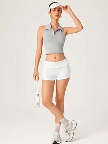 SHEIN BASICS Women's Casual Solid Color Rib Knit Shorts, Summer - White - View 6