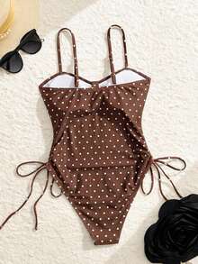 Swim Lushoire 春夏流行熱賣波點印花設計女童連身泳衣，度假海灘適用 - 棕色 - 查看 4