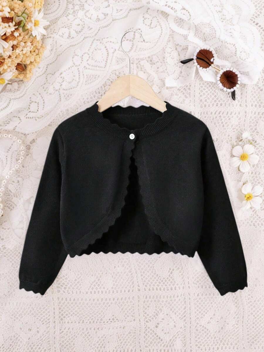 SHEIN Elladie kids 女童休閒百搭素色開襟羊毛衫 - 黑色 - 查看 1