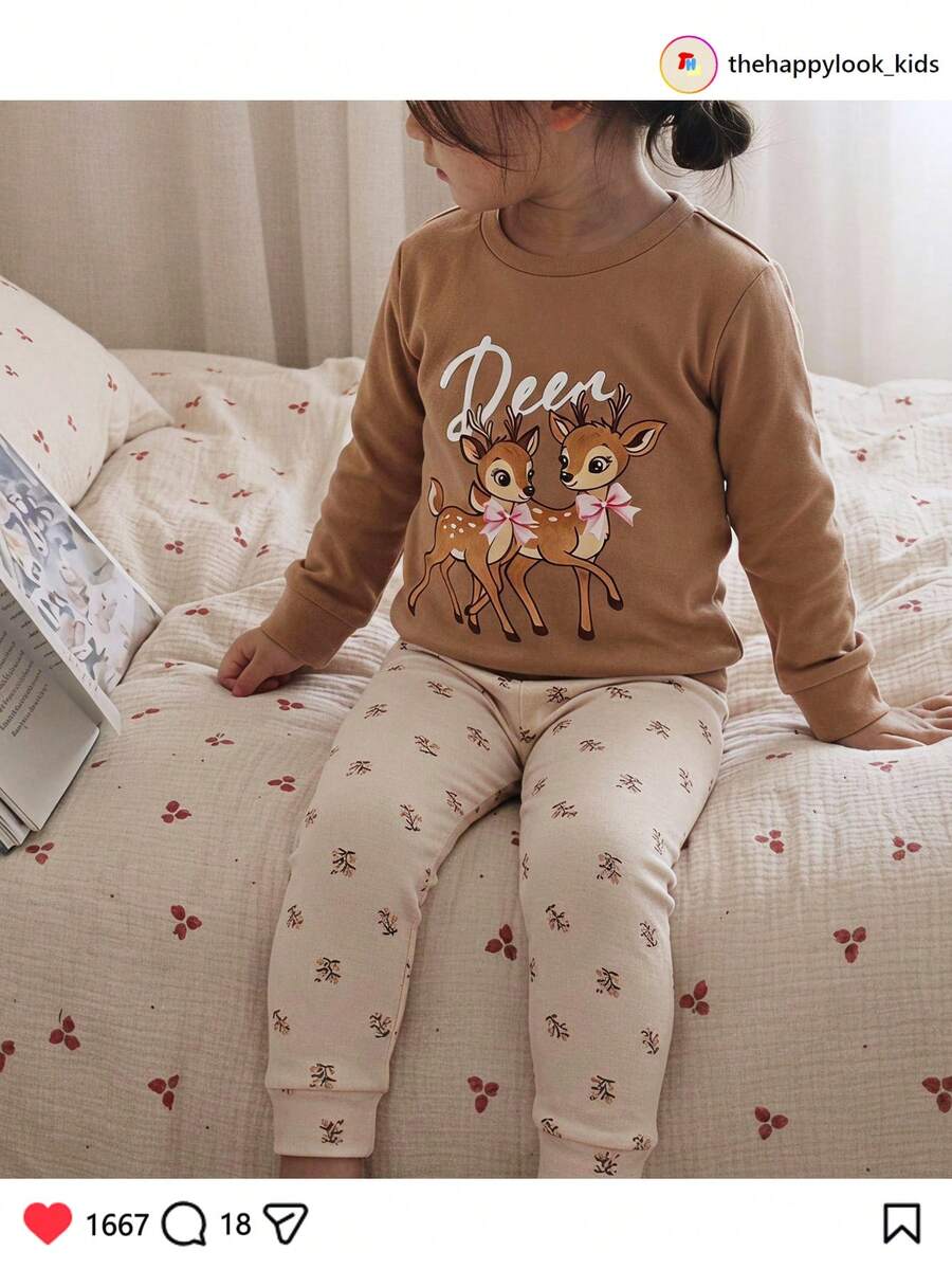 THE HAPPY LOOK Young Girls Deer Print Top & Ditsy Floral Long Pants Loungewear - Multicolor - View 1