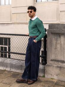 YOUESAWY YOUESAWY Men's Letter Print Contrast Color Long Sleeve Casual Polo Shirt Green Polo Shirt College Style Pattern Polo Men Long Sleeve Polo Shirt Rugby Shirt Polo Rugby Long Sleeve For Men - Dark Green - View 1
