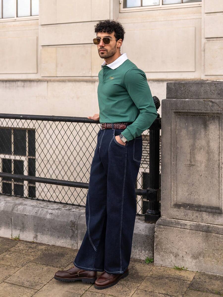 YOUESAWY YOUESAWY Men's Letter Print Contrast Color Long Sleeve Casual Polo Shirt Green Polo Shirt College Style Pattern Polo Men Long Sleeve Polo Shirt Rugby Shirt Polo Rugby Long Sleeve For Men - Dark Green - View 1