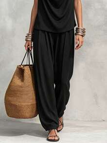 Breezaya Casual Vacation Fashion Minimalist Women's Set Draped Neck Draped Neck Fitted Comfortable Soft Black Top With Elastic Waist Harem Black Long Pants Set Summer, Autumn And Winter For Women Women's Elegant Set Women's Casual Set Women's Vacation Outfit Set Women's Country Style Set Women's Outing Set Black Set - Black - View 6