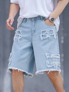 Manfinity Roghcode Men's Plus Size Casual Bermuda Denim Shorts With Pockets And Frayed Hem - Blue - View 1