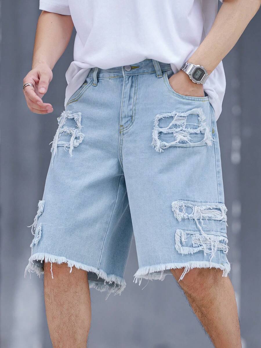Manfinity Roghcode Men's Plus Size Casual Bermuda Denim Shorts With Pockets And Frayed Hem - Blue - View 1