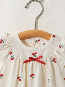 SHEIN Baby Girl's Cute White Yellow Striped Bow Print Dress Round-Neck Sleeveless LooseFitting Soft Fabric - Red and White - View 5