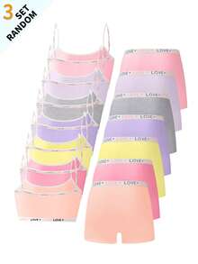 7 Sets Aleatorios de 3 Piezas Conjunto de Camiseta de Tirantes con Letras en Contraste de unicolor Básico Simple & Conjunto de Ropa Interior de Shorts para Niñas Adolescentes - Multicolor - Ver 4
