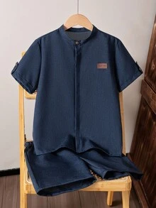Casuvi Kids Boys New Korean Style Stand Collar Short Sleeve Shirt With Chest Patch Design And Shorts Casual 2 Pieces Set For Daily Wear - Navy Blue - View 3