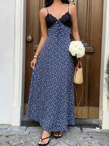 Sunnyshic Women's Vacation Long Dress Navy Blue Floral Contrast Lace Trim Patchwork V-Neck Halter Tie Back Open Back Cinched Waist A-Line Spring Summer Beach - Navy Blue - View 4