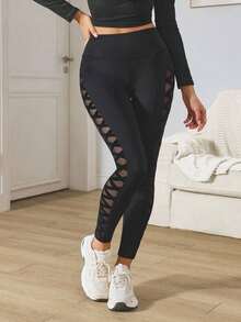 Gameset SHEIN Sport Women's High Waist Elastic Contrast Mesh Sports Leggings, Autumn Yoga Pants - Black - View 7