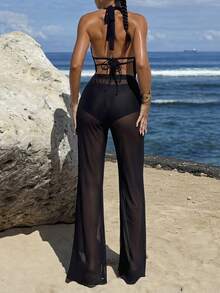 Swim SXY Damen sexy Jumpsuit mit tiefem Ausschnitt & Cover-Up, passend für Sommerurlaub - Schwarz - Übersicht 5