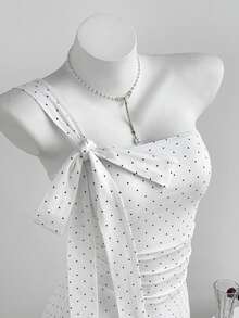Elamini Minimalist Sexy Sweet Style Polka Dot Contrast Lace Trim Off-Shoulder Bow Tie Mini Dress - White - View 1