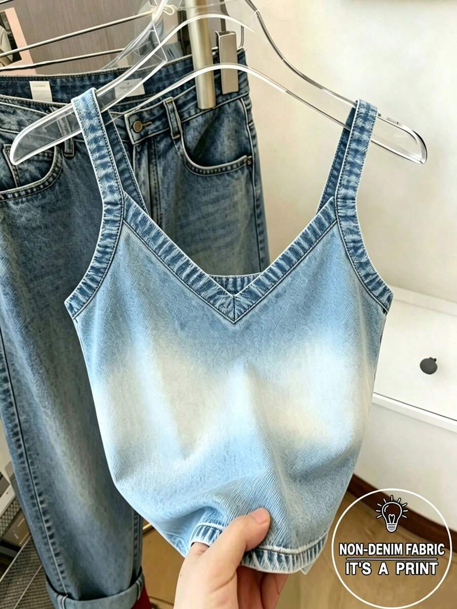 Resyla 女款夏季休閒牛仔效果印花V領細肩帶背心 - 彩色 - 查看 1