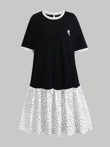 Teen Girl College Style Patchwork Dress, Grey Knit Top As Main Body, Paired With Fresh Blue And White Striped Collar And Cuffs, Overall Style Is Fresh And Youthful, Suitable For Daily Commute Or Casual Outings. Teen Girl - Black - View 2