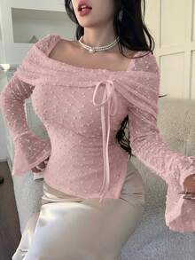 Feyla Women's Elegant Foldover Square Neck Flare Sleeve Asymmetrical Hem Fitted T-Shirt Swiss Dot Spring Summer Top - Dusty Pink - View 4