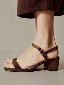 1 Pair New Brown Suede Square Toe Party Chunky Heel Sandals, Summer Buckle Open Toe Versatile Sexy Slim Strap Retro Mid-Heel Commuting Women Shoes - Brown - View 4