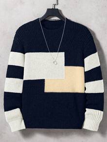 SHEIN 青少年男士拼色圓領寬鬆休閒毛衣 - 藏蓝色 - 查看 6