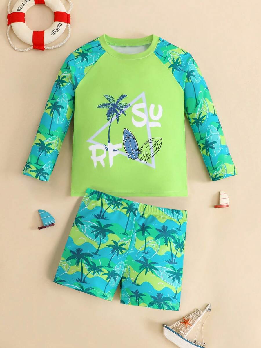 SHEIN 嬰兒 (男童) 熱帶度假風印花 2 件套短袖上衣 + 短褲 - 適合度假和泳池玩耍 - 綠色 - 查看 1