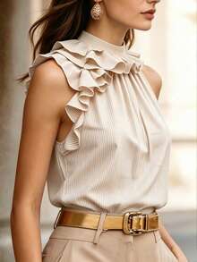 SHEIN LUNE Women's Apricot Stand Collar Patchwork Ruffle Fashion Mature Elegant Sleeveless Blouse Office Summer - Apricot - View 4