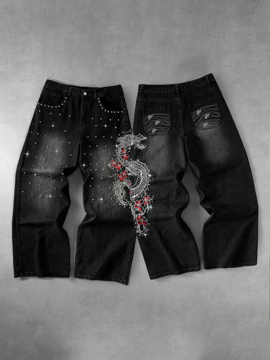 ROMWE MEN Street Life Men's Anime Embroidery Shorts, Suitable For Daily Wear In Spring And Summer - Black - View 1