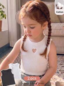 SHEIN Genkimix Kids 2件組少女背心上衣，愛心鏤空刺繡純色羅紋休閒舒適針織背心 - 黑與白 - 查看 5