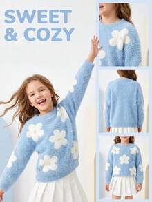 SHEIN Vintaside Kids 女童圓領套頭長袖毛衣，可愛粉色，人造貂毛材質，附蝴蝶結 - 淺藍色 - 查看 7