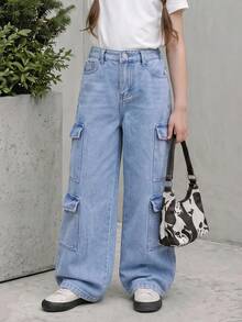 SHEIN Casuvi Kids Tween Girl Y2K 超大多口袋水洗浅蓝色工装牛仔裤休闲街头风裤子 - 淺色水洗藍 - 查看 3
