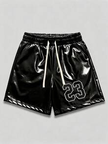 ROMWE MEN Essentials Men's Street Style Digital Print Drawstring Waist Shorts - Black - View 10